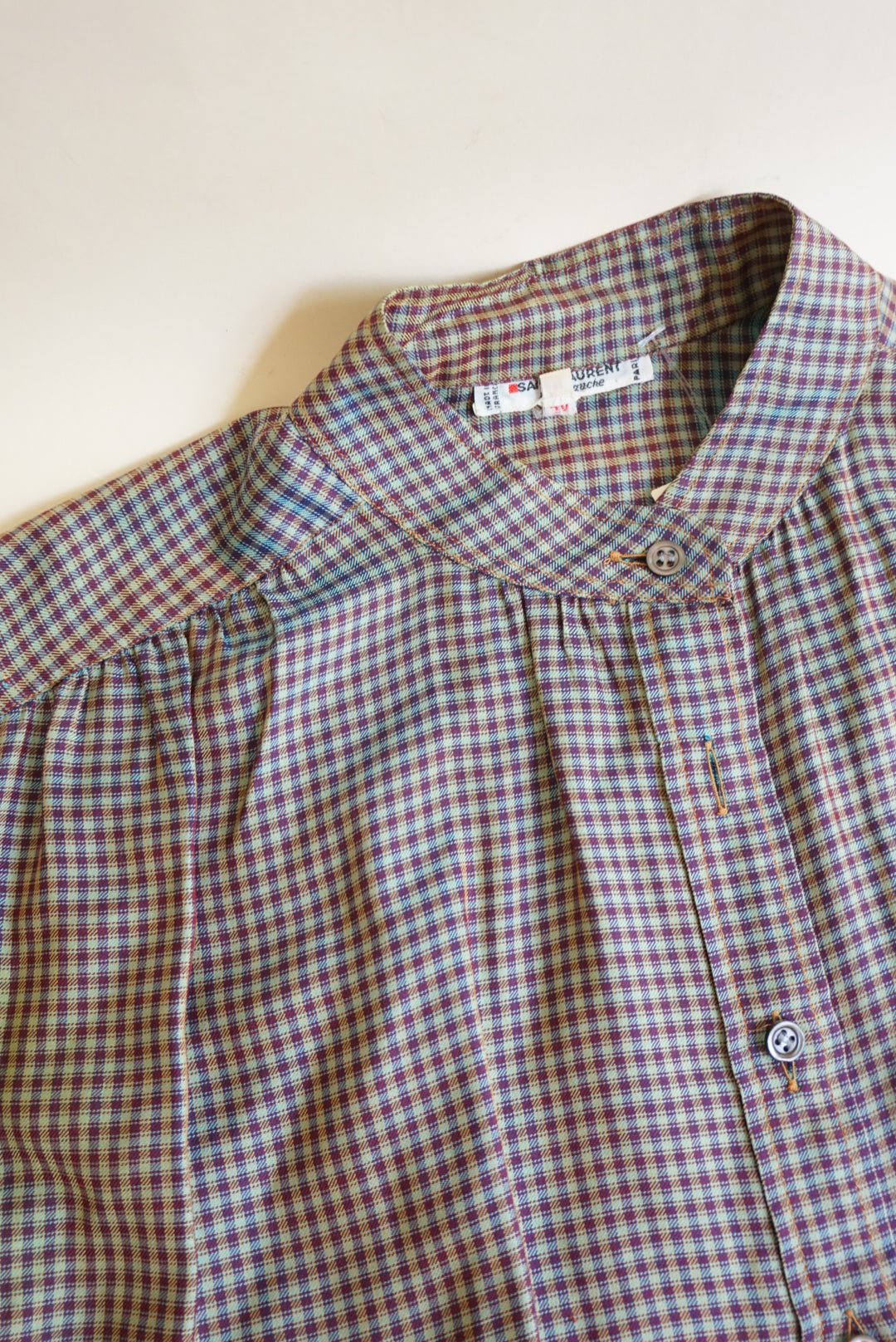 Saint Laurent Rive Gauche VTG Iridescent Mandarin Collar Silk Plaid Blouse - Size 40