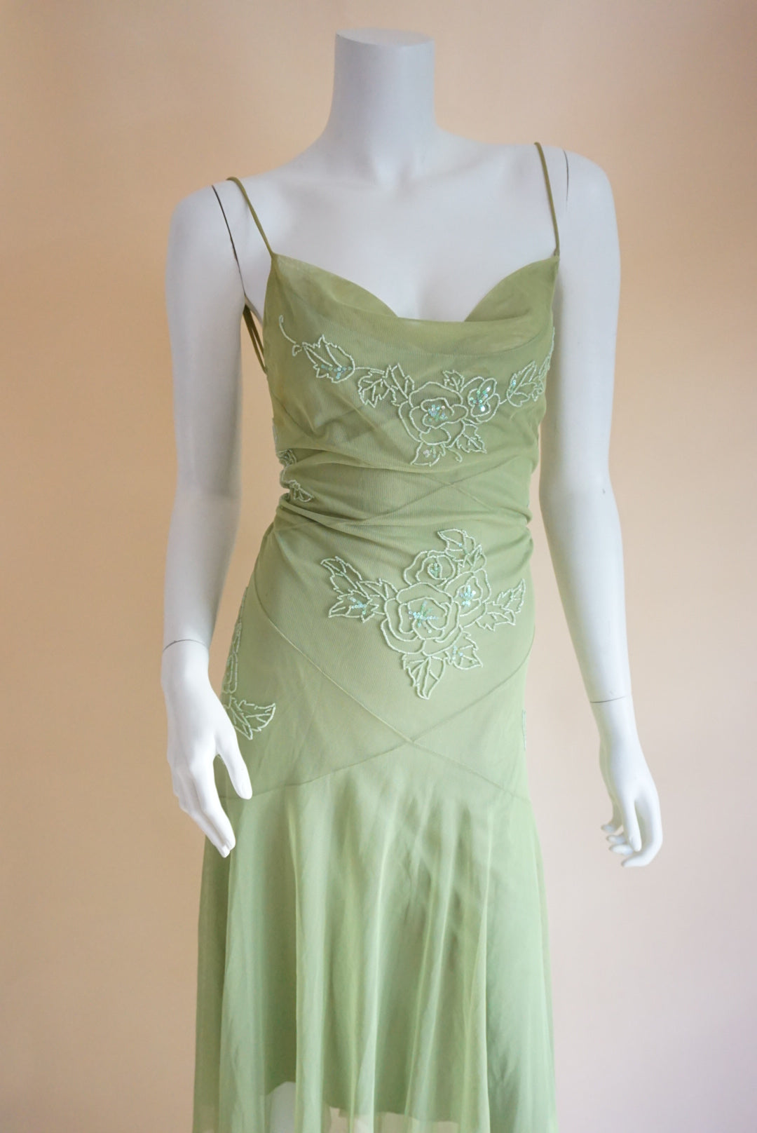 BCBGMAXAZRIA Green Beaded Mesh Y2K Maxi Dress - Size Large