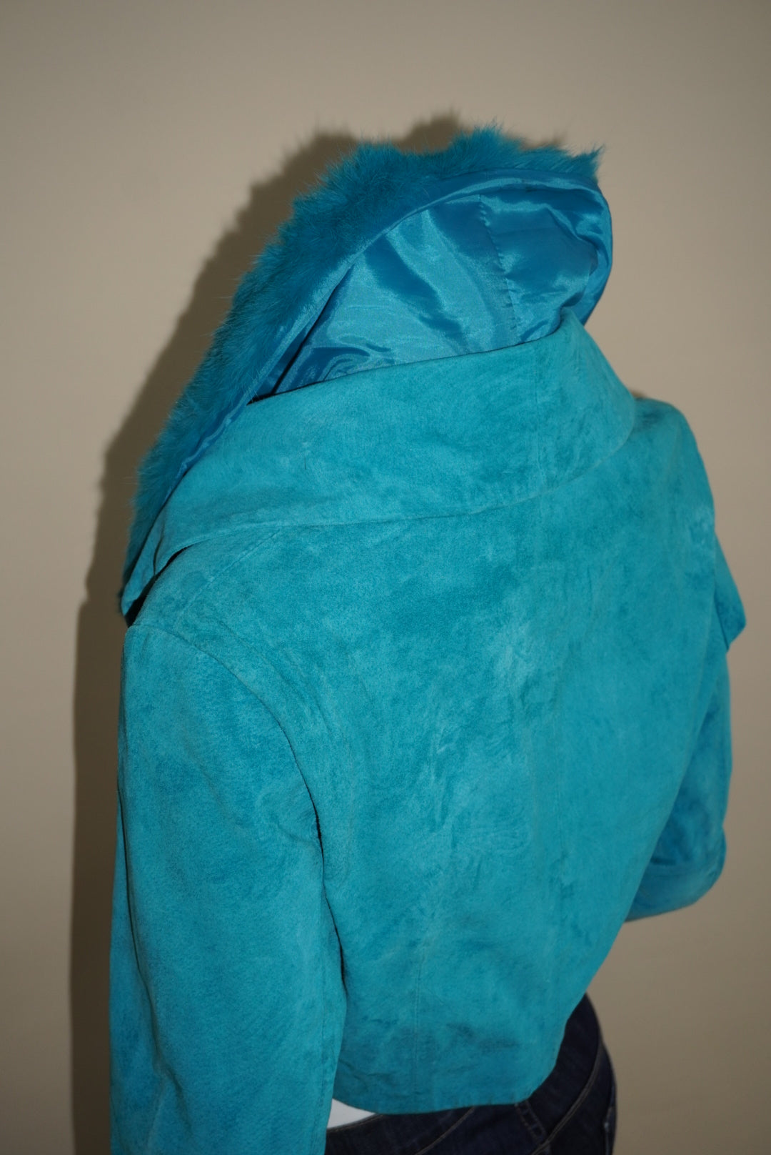 Luciano Dante Y2K Turquoise Vintage Leather Rabbit Fur Collar Bolero Jacket - Size Medium