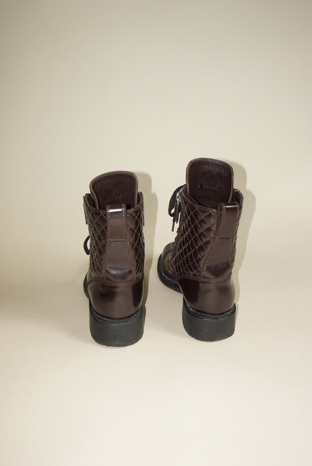 “Chanel” Dark Burgundy Shiny Calfskin Quilted CC Lace Up Combat Boots - Size 36.5