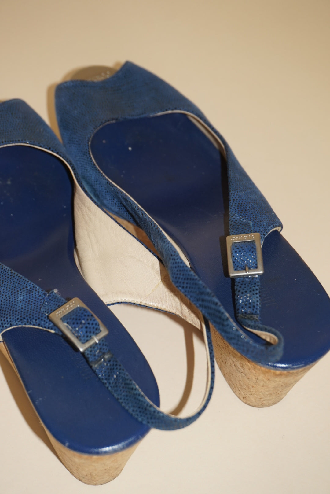 “Jimmy Choo” Royal Blue Slingback Cork Wedges - Size 38
