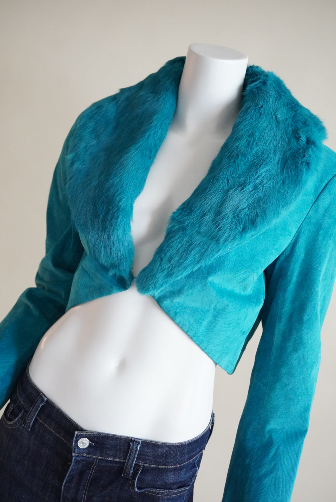 Luciano Dante Y2K Turquoise Vintage Leather Rabbit Fur Collar Bolero Jacket - Size Medium