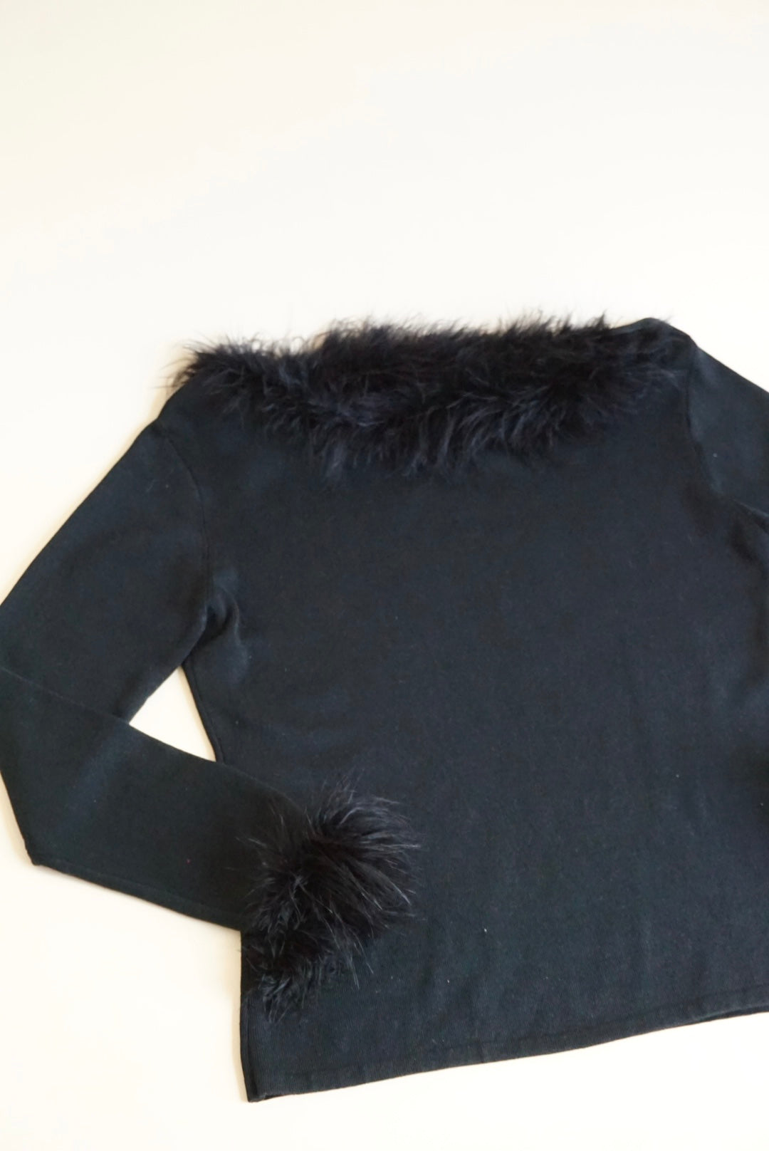 Joesph A. Silk Blend Black Knit Feather Trim Y2K Blouse - Size Large