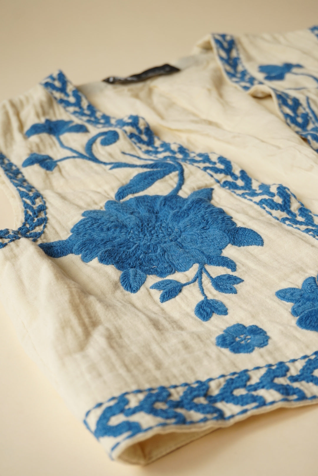 Zara Embroidered Linen Blue / Ivory Boho Vest - Size Large