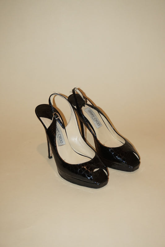 "Jimmy Choo" Croc Embossed Leather Peep Toe Slingback Heels - Size 39.5