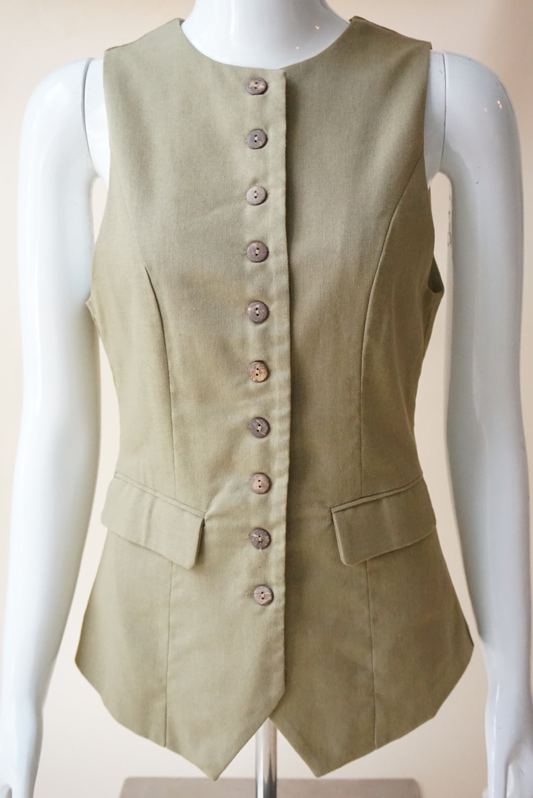 Mimosa Linen Button Up Olive Vest - Size Large