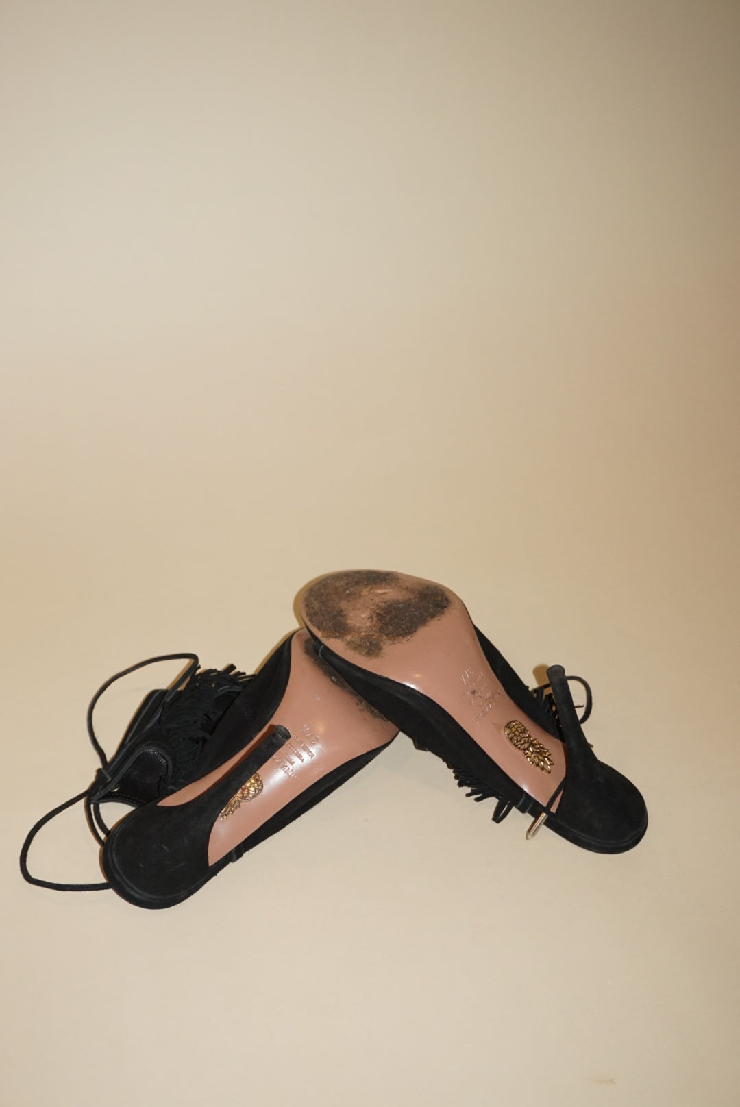 Aquazzura Fringe Gladiator Black Suede Sandal Heel - Size 37.5
