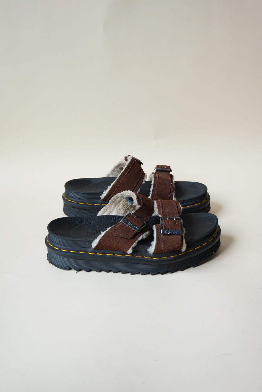 Dr. Martens Brown "Myles" Suede Faux Fur Lined Buckle Sandals - Size 7