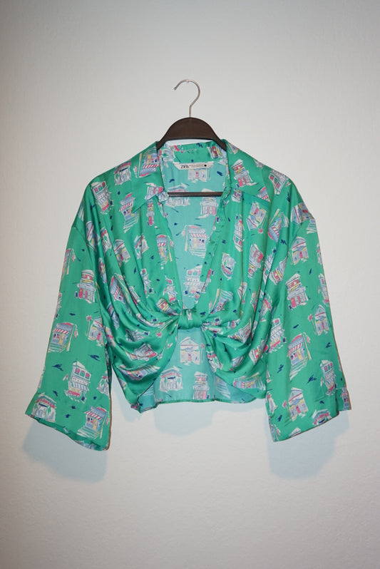 "Zara" Tie Knot Store Front Printed Collared Blouse - Size XS