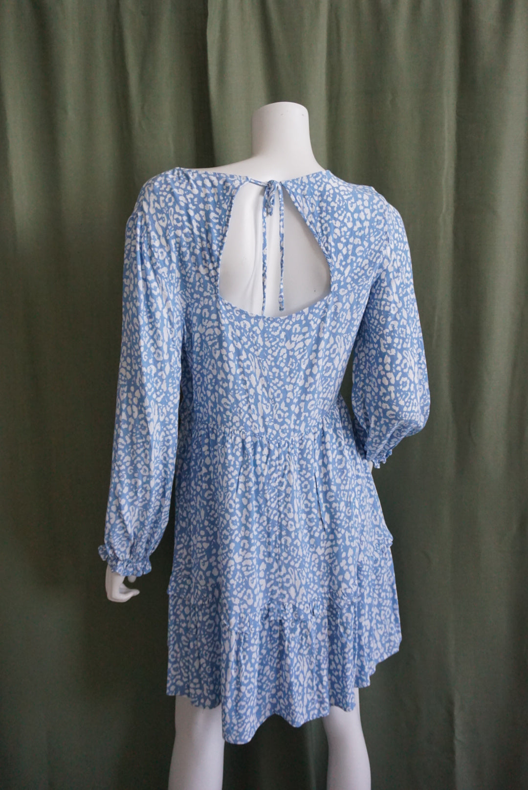 Zara Blue & White Mini Ruffle Open Back Plunge Dress - Size Large