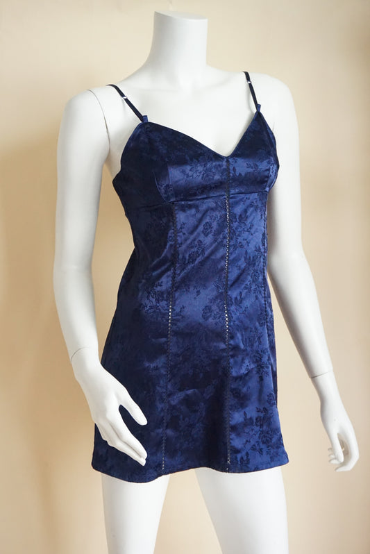 Victoria's Secret Y2K Navy Blue Floral Rose Corset Tie Back Slip Dress - Size XS