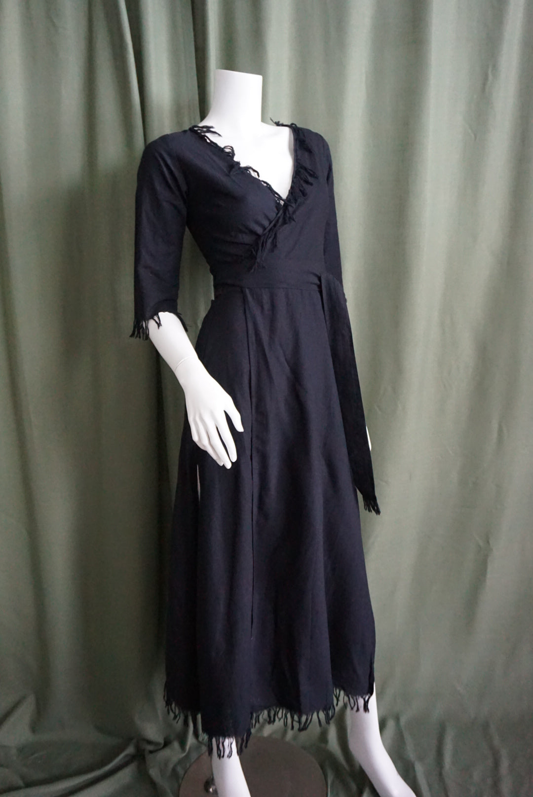 Chintamani Alchemistry Black Boho Linen Fringe Wrap Dress - Size XS