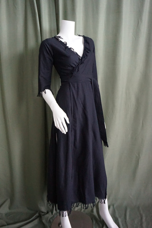 Chintamani Alchemistry Black Boho Linen Fringe Wrap Dress - Size XS