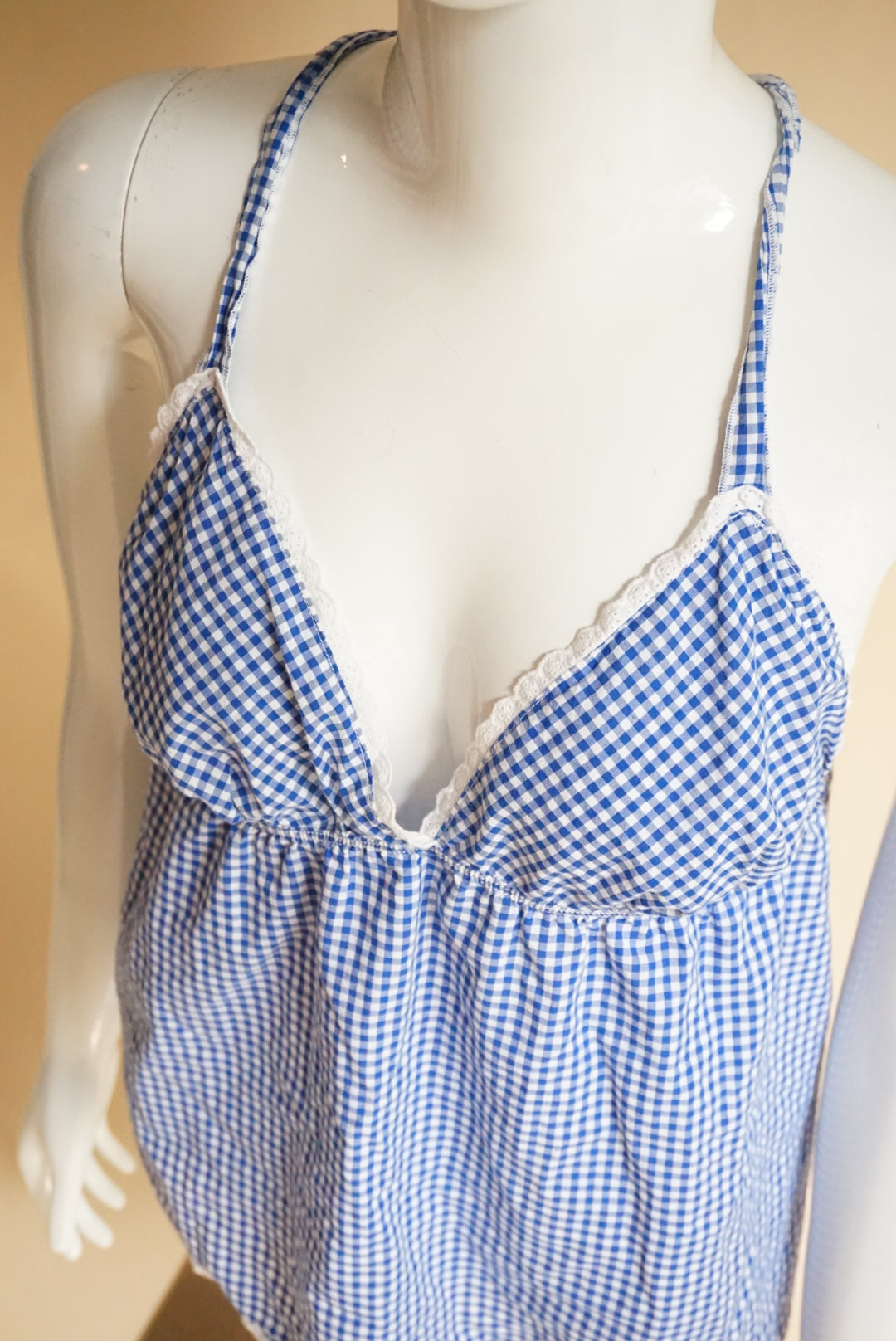 Victoria's Secret Blue Halter Gingham Lace Trim Blouse - Size Large