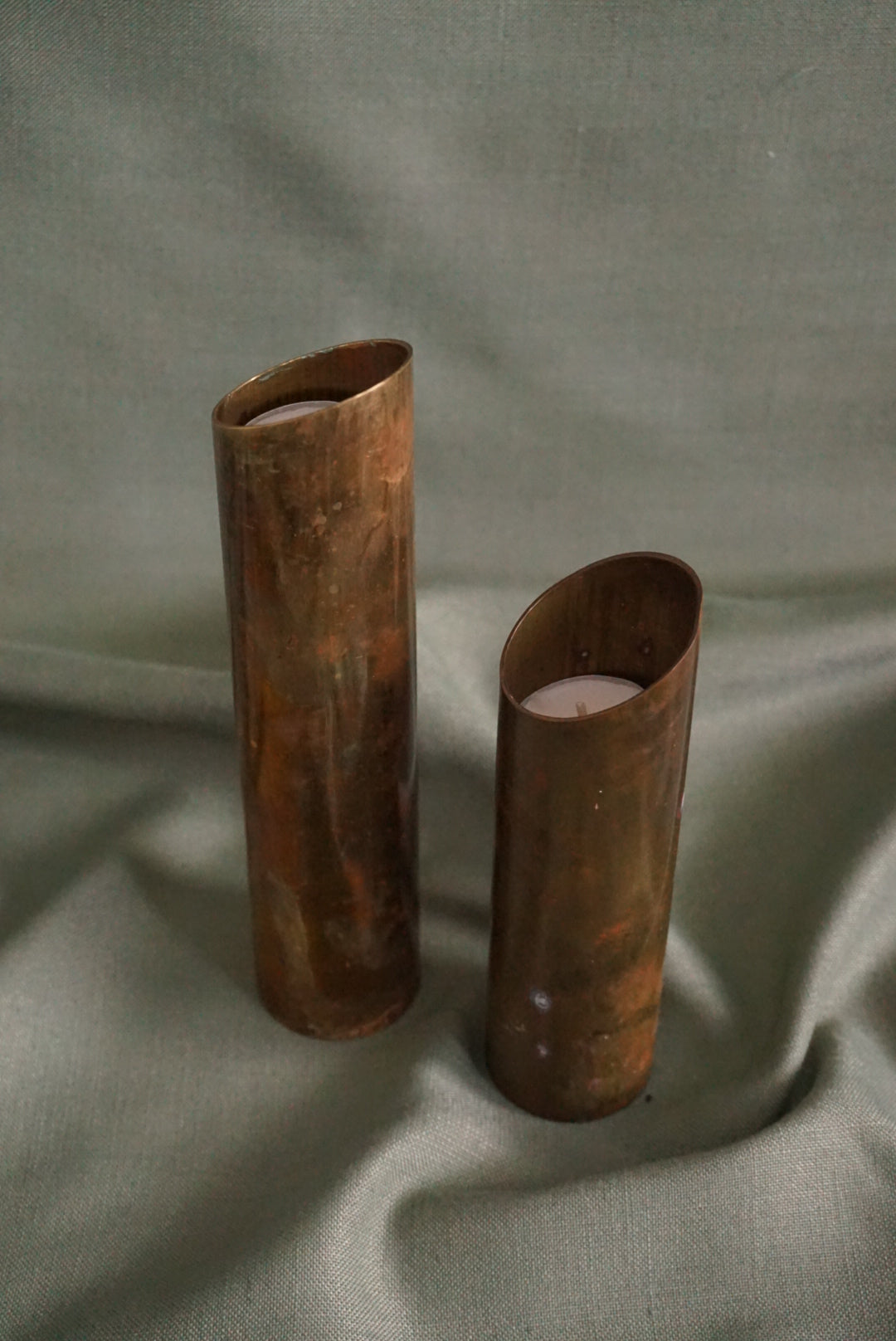 Mid Century Modern Danish Brass Cylinder Angled Top Candle Holders - Set of 2