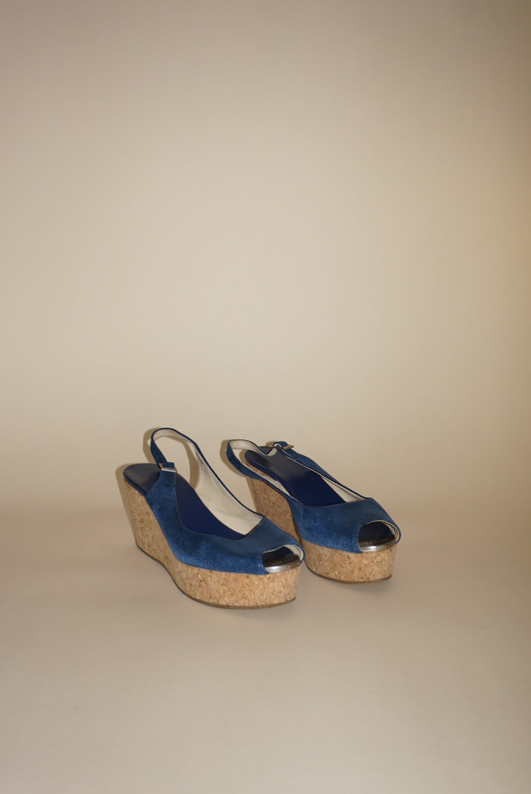 “Jimmy Choo” Royal Blue Slingback Cork Wedges - Size 38