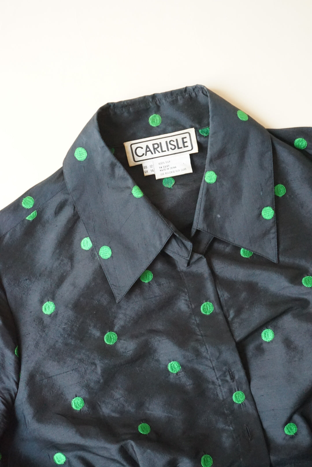 Carlisle Vintage Black Raw Silk Embroidered Green Polka Dot Blouse - Size 12