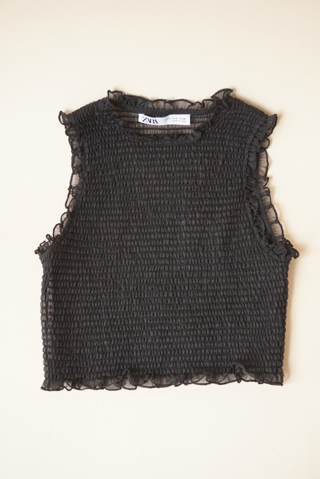 Zara Sheer Shirred Ruffle Trim Sleeveless Cropped Blouse - Size Small