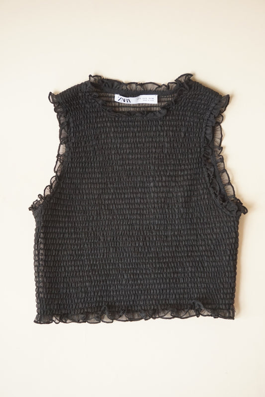 Zara Sheer Shirred Ruffle Trim Sleeveless Cropped Blouse - Size Small