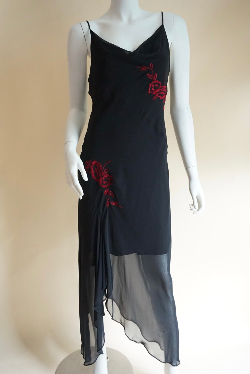 Alyn Paige 90s Vintage Black Cowl Neck Slip Embroidered Roses Maxi Dress - Size 10