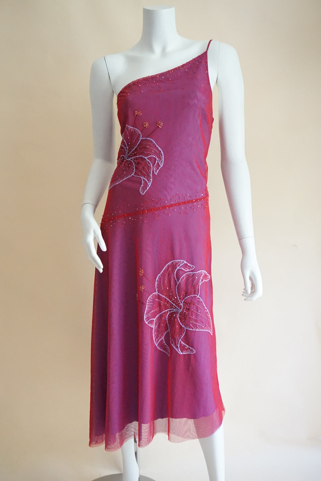 BCBGMAXAZRIA Red/Purple Lily Embroidered Beaded Y2K One Shoulder Maxi Dress - Size Large