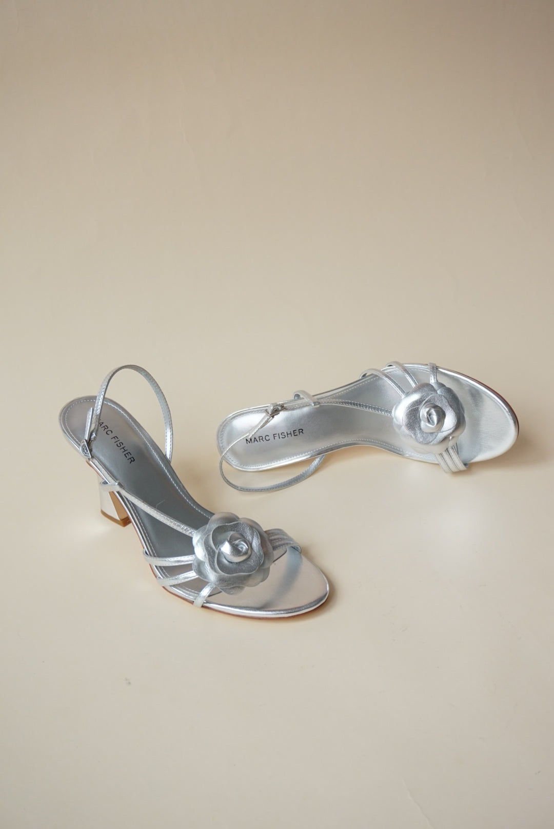 Marc Fisher Hallan Silver Rose Detail Sandal Heel - Size 9.5