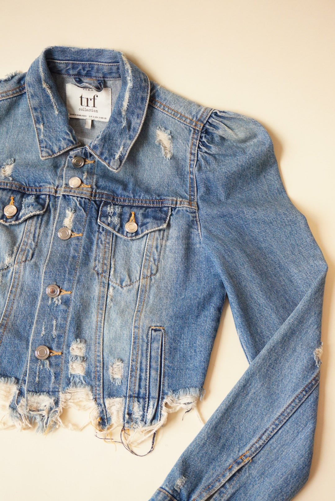 Zara TRF Collection Medium Wash Frayed Hem Denim Jacket - Size Small