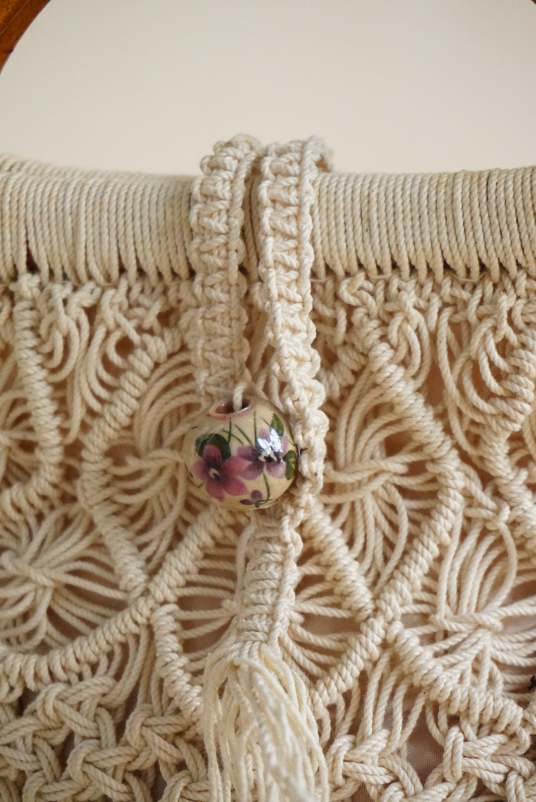 Crochet Cotton Handmade Wooden Handle Vintage Bag