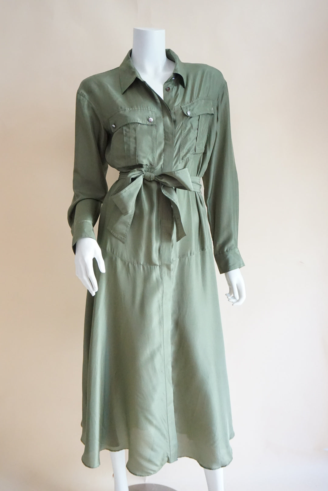 Veronica Beard Camille Olive Green Belted Utility Silk Midi Shirt Dress - Size 8