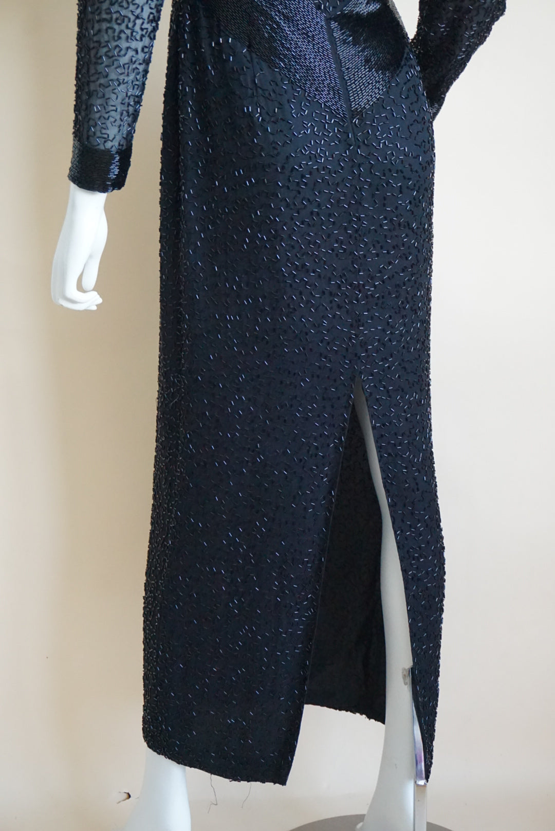 Lillie Rubin Exclusive Vintage Beaded Open Back Black Silk Statement Gown - Size 8