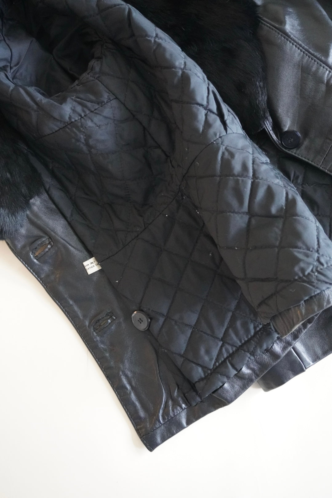 Vintage Belted Blazer Leather Rabbit Fur Collar Black Jacket Made in Korea