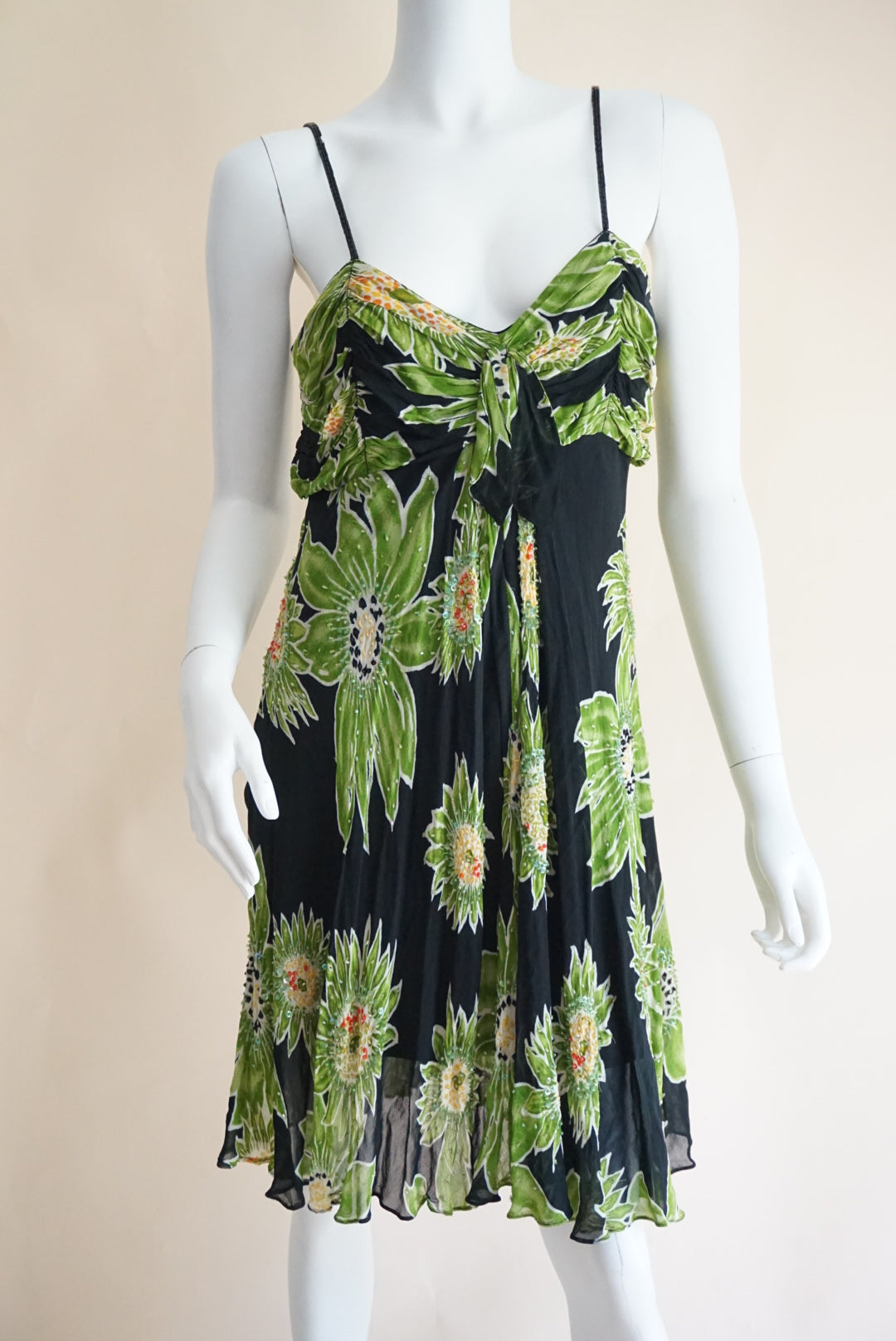 Eva Blue Beaded Green / Black Floral Slip Dress - Size 12