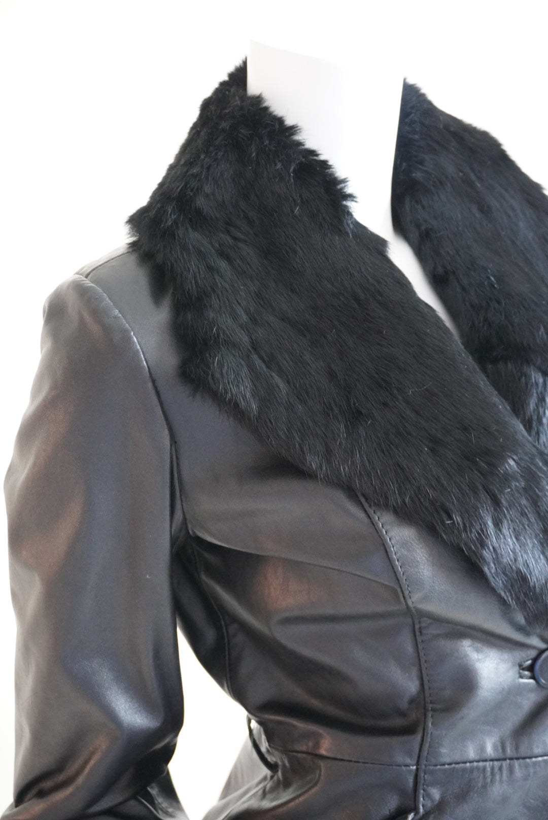 Vintage Belted Blazer Leather Rabbit Fur Collar Black Jacket Made in Korea