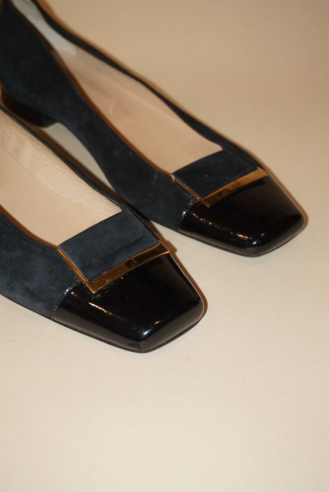 Tanino Crisci Suede Square Toe Black Gold Accent Flats - Size 39