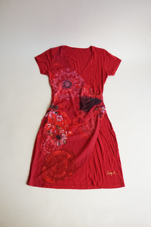 Desigual Red Y2K Mini Bodycon Floral Sheer Printed Overlay Dress - Size Medium