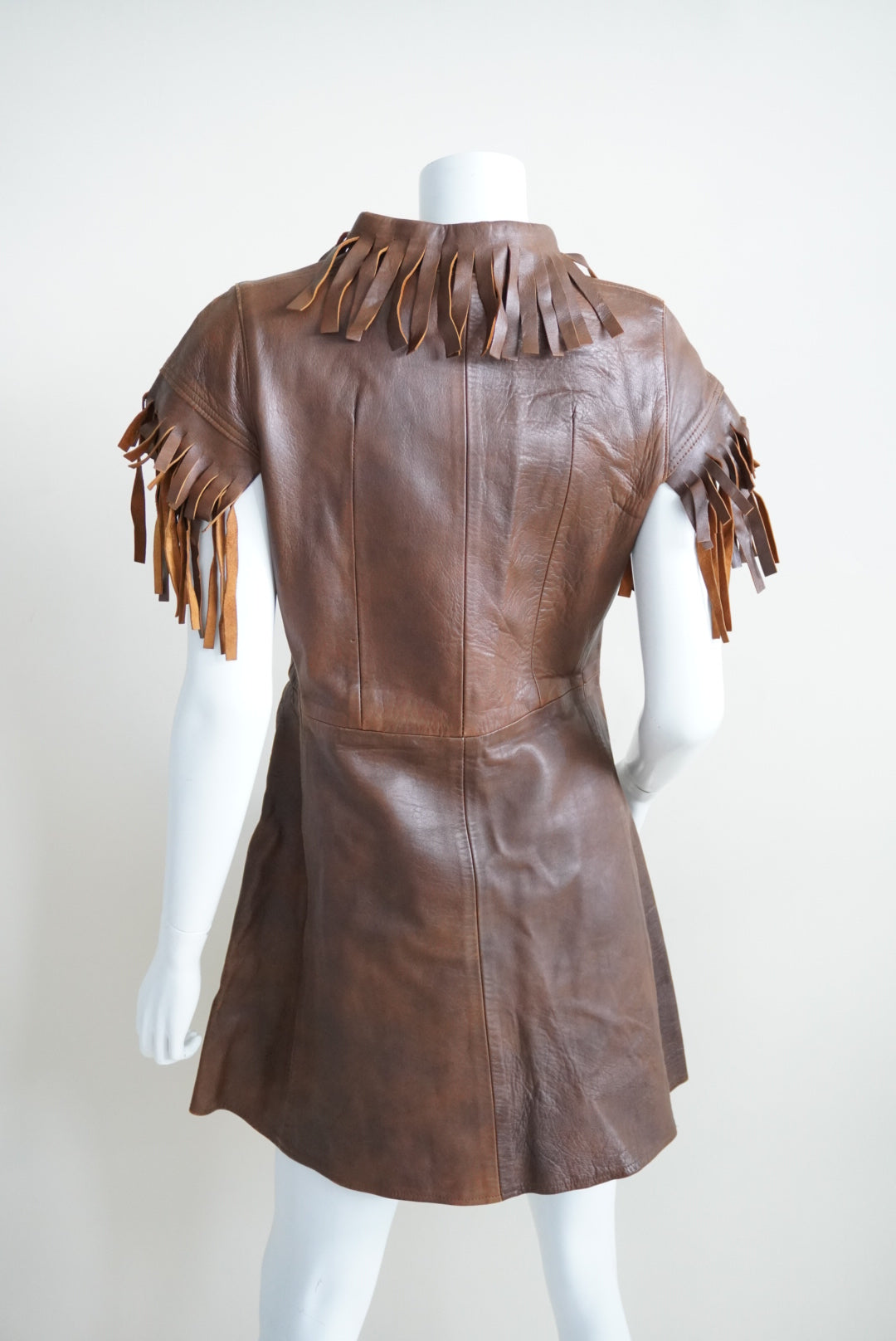 Vintage 60s/70s Bohemian-Mod Style Fringe Handmade Brown Leather Dress - Flaw