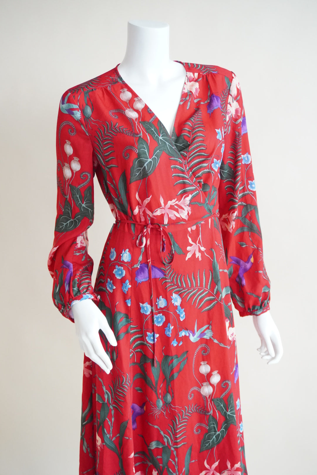 H&M Wrap Red Botanical Floral Midi Dress - Size 10