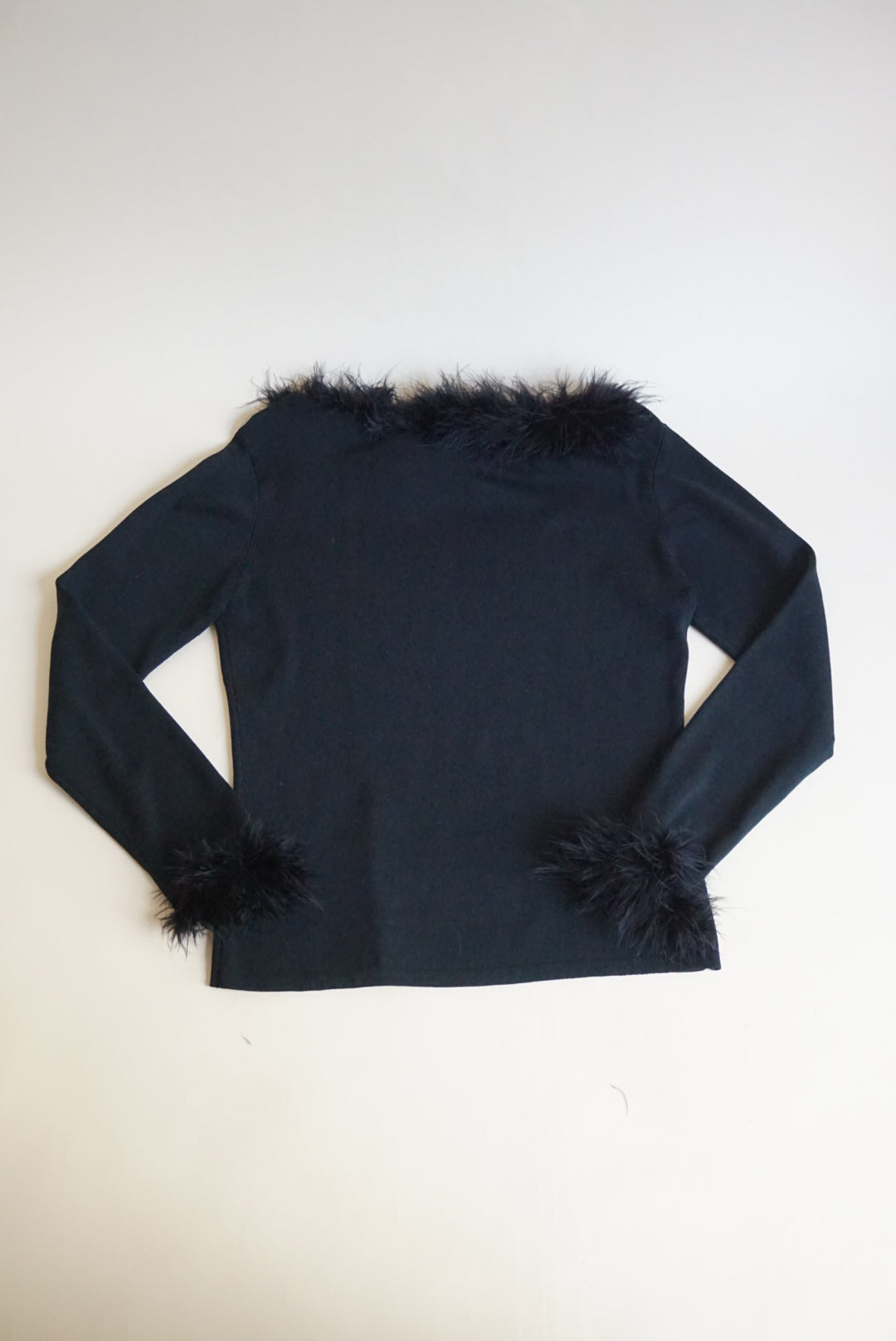 Joesph A. Silk Blend Black Knit Feather Trim Y2K Blouse - Size Large