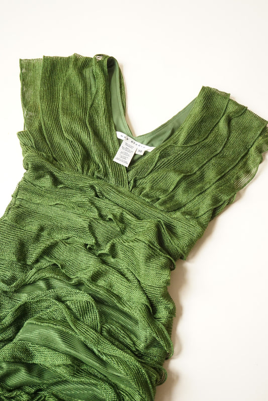 Max Studio Vintage Green Ruffle Midi Plunge Dress - Size XS