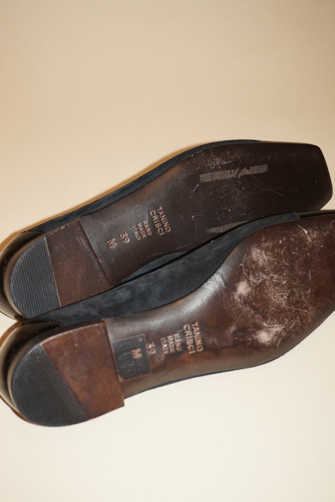 Tanino Crisci Suede Square Toe Black Gold Accent Flats - Size 39