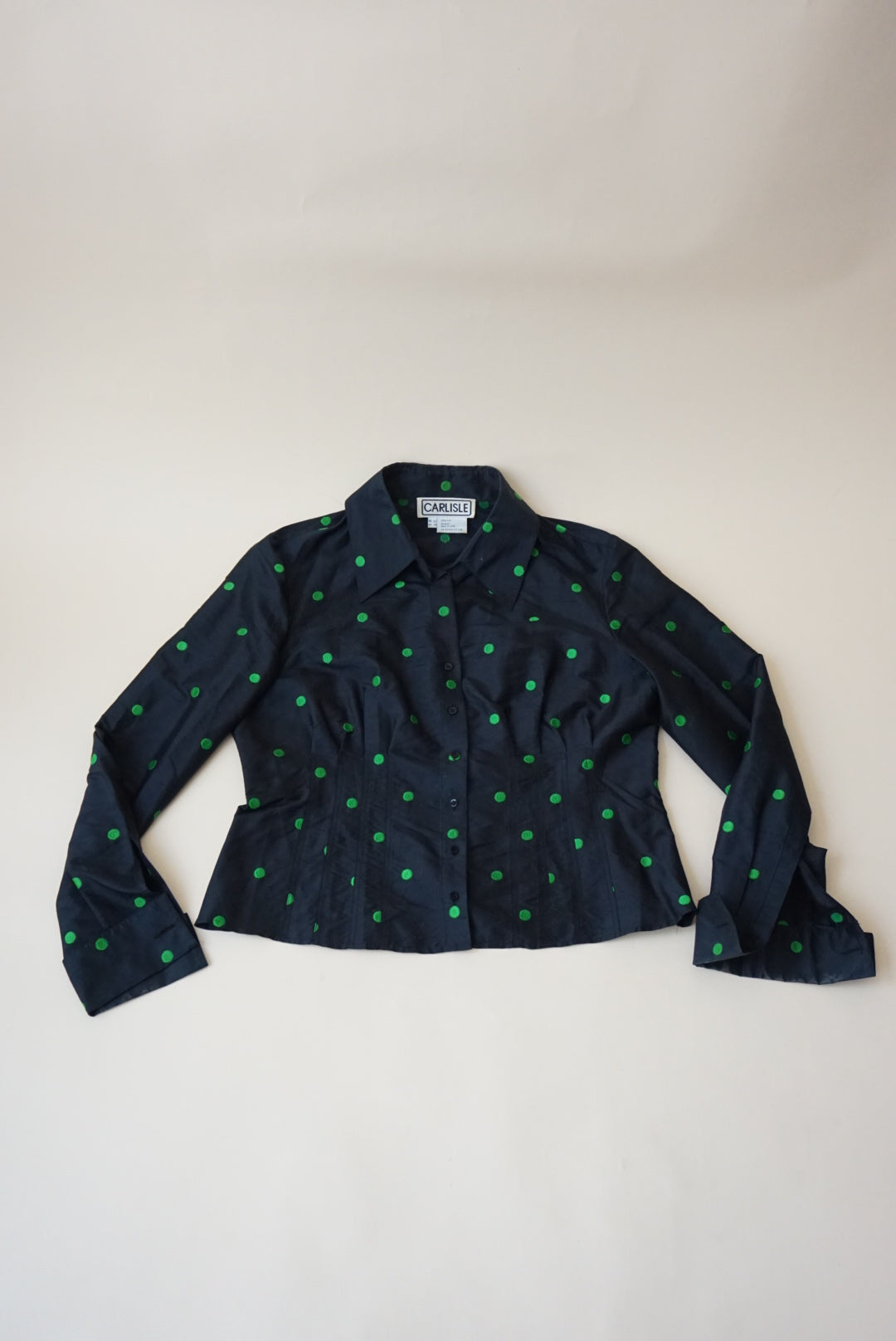 Carlisle Vintage Black Raw Silk Embroidered Green Polka Dot Blouse - Size 12