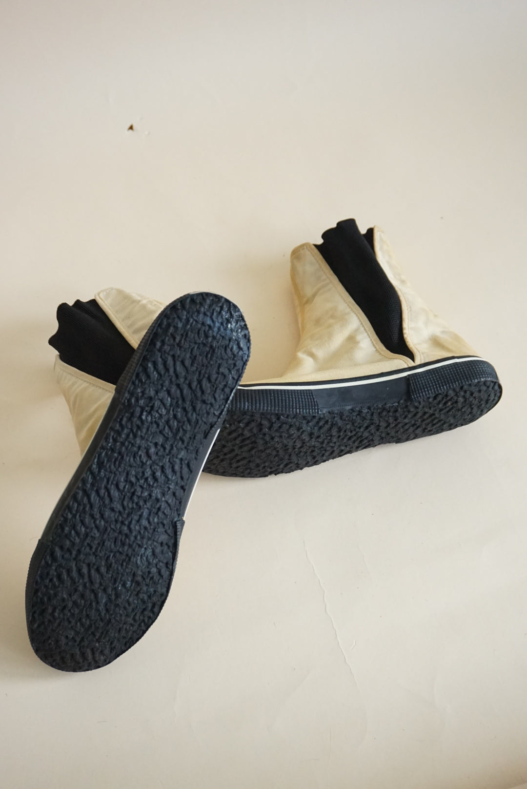 Vintage Chanel Ivory Cotton / Black Rubber Ankle Booties - Size 39 AS IS