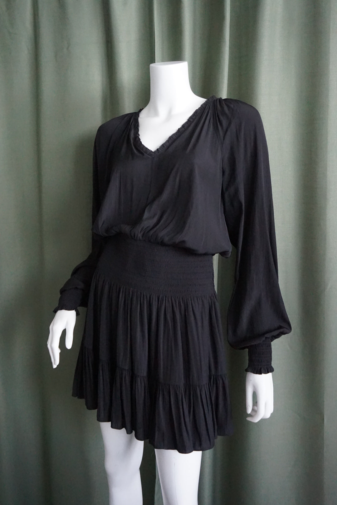 Ramy Brook Black Drop Waist V-Neck Sheath Mini Shirred Dress - Size Medium