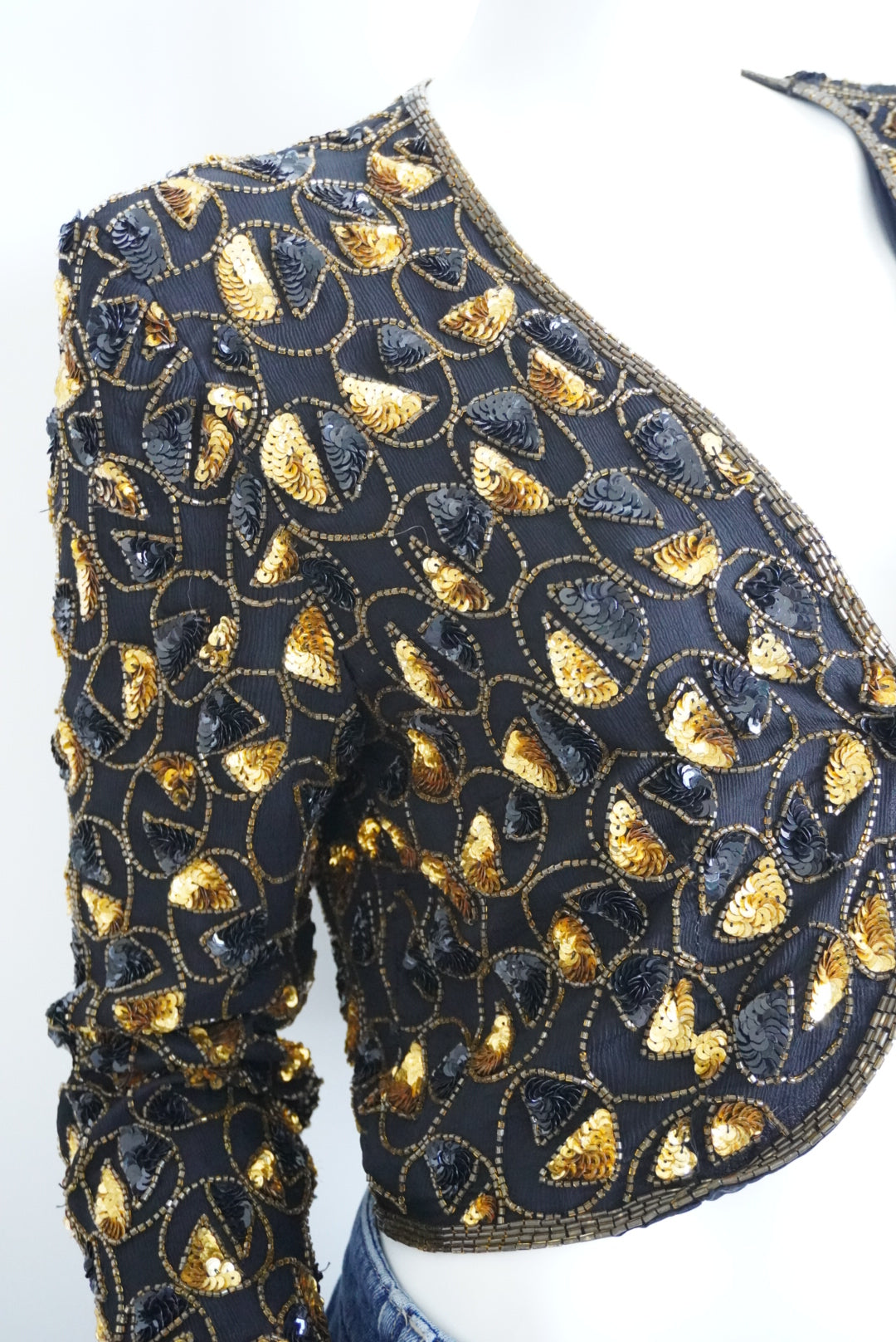 Papell Boutique Beaded Black and Gold Bolero Silk Evening Jacket - Size L