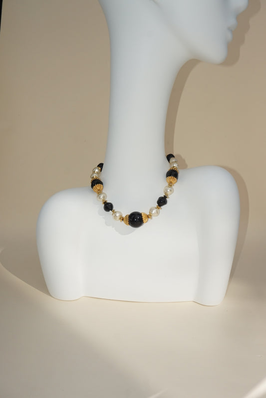Vintage Faux Pearl Black Resin Stone Gold Costume Necklace