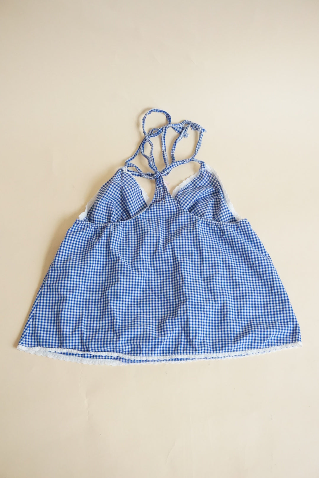 Victoria's Secret Blue Halter Gingham Lace Trim Blouse - Size Large