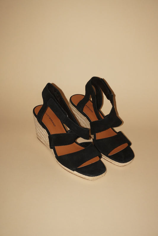 Lucky Brand Mendona Espadrille Wedge Black Suede Sandal - Size 8.5