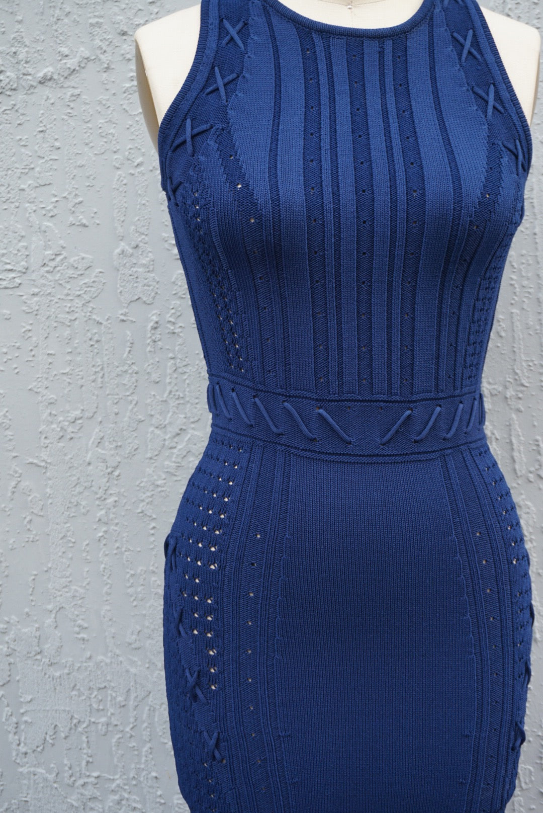 “Ronny Kobo” Lace-Up “Marietta” Navy Stretch Knit Sleeveless Dress - Size Small