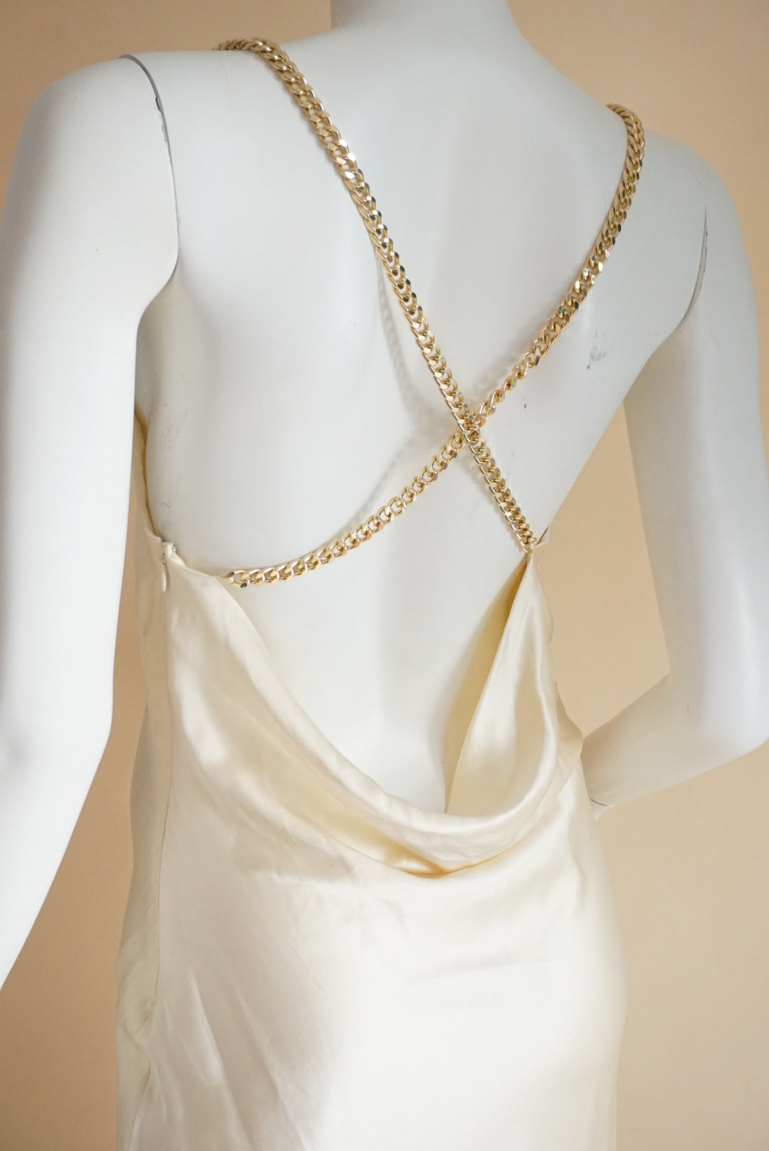 Aiifos Silk Ivory Chain Strap Backless Slip Dress - Small