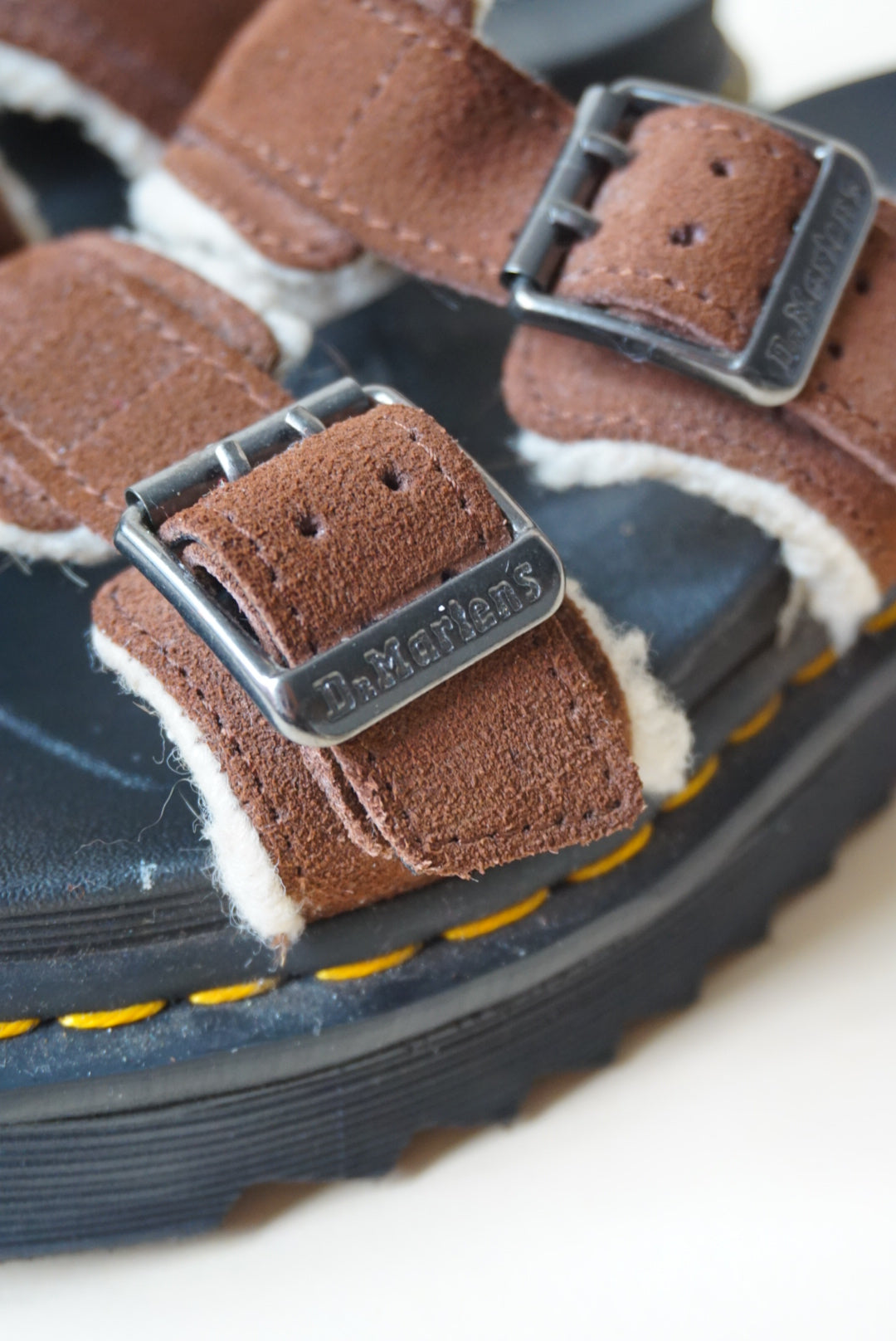 Dr. Martens Brown "Myles" Suede Faux Fur Lined Buckle Sandals - Size 7